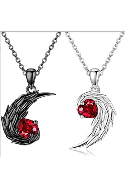 Miniso RED-BROWN Red Rhinestone Feather Couple Necklace Valentine's Day Jewel...