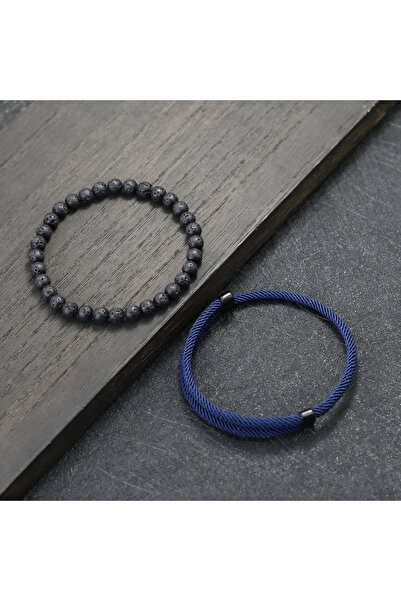 Choice طقم أساور رجالي أزرق داكن أنيق مكون من قطعتين، سوار منزلق قابل للتعديل بخيوط حمراء محظوظة، إكسسوارات للرجال