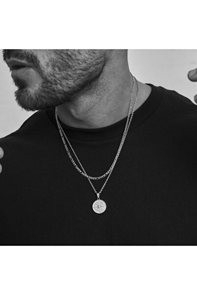 Choice Silver Figaro Vnox Compass Necklaces for Men, Layering Stacked Cuban F...