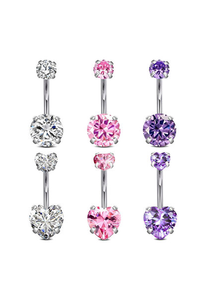 Choice 6 قطع متعددة الألوان من الفولاذ الجراحي على شكل قلب دائري من الزركونيا المكعبة لثقب السرة للنساء 14 جرام وردي P