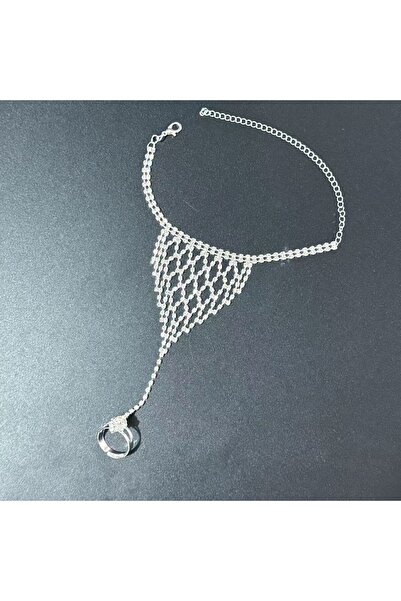 Choice خاتم نسائي أنيق مطلي بالفضة مرصع بالألماس بالكامل ومزين بشراشيب لامعة وحجر الراين مع مشبك للإصبع