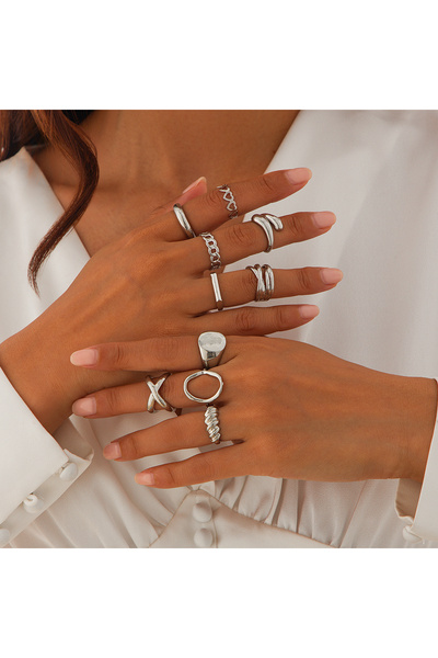 Choice مجموعة من 10 خواتم إنجيمارك فضية اللون بتصميم عتيق ناعم على شكل قطرة ماء مفتوحة للنساء، مصنوعة من المعدن الذهبي المبتكر.