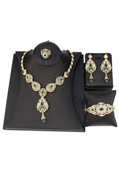 Choice 8 NVS777QYL2875green طقم مجوهرات عربي مغربي، قلادة، قرط، سوار، خاتم، ذهبي