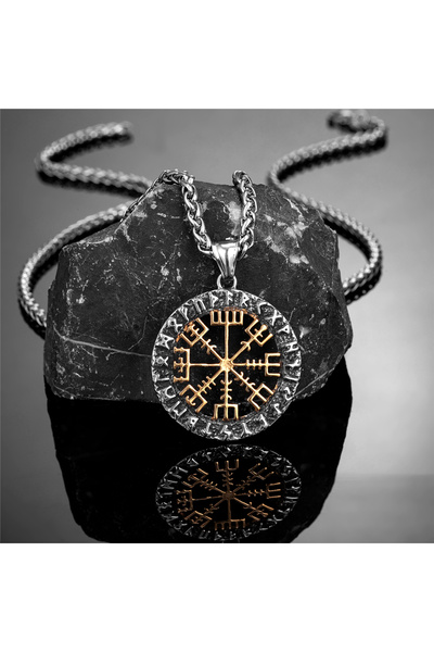 Choice قلادة بوصلة فايكنج مطلية بالذهب بطول 60 سم، مزينة بنقوش رونية نورسية، ...