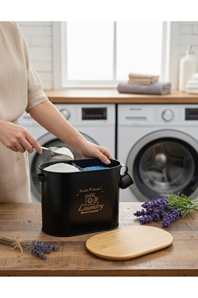 ozbience Bambu Kapaklı Metal Bölmeli Ölçekli Toz Deterjanlık, Tablet Saklama ...