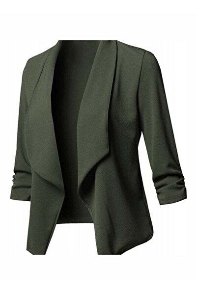 Generic Autumn Slim Blazer Ruffled Open Front Suit Jacket Green