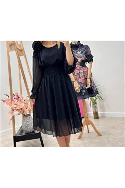 OEMN Rochie Dama Midi din Voal Captusit cu Trandafir pe Umar