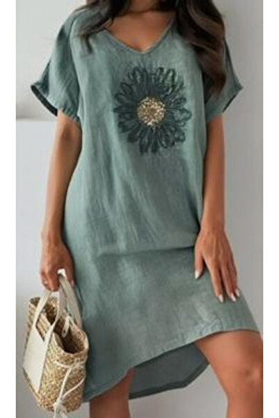 OEMN Women's Linen Dress With Embroidered Flower, Loose Fit, Single Dimension, Various Colors