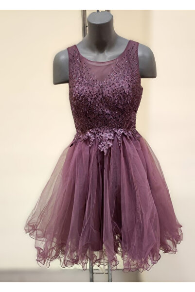 OEMN Rochie Dama Scurta din Tulle si Dantela cu Strasuri