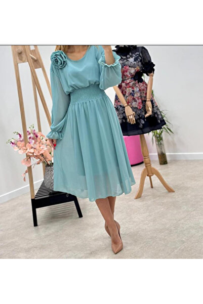 OEMN Rochie Dama Midi din Voal Captusit cu Trandafir pe Umar