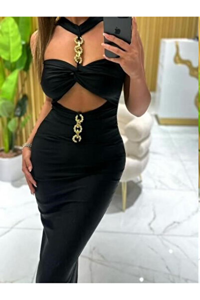 OEMN Rochie de seara cu zale aurii si decupaj in zona taliei