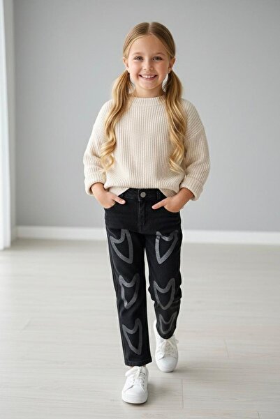 Minigimin Cicileri My Little One's Silvery Heart Printed Pattern Girls' Jeans - Black