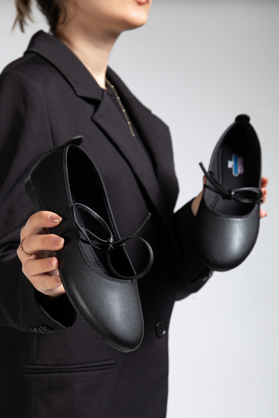 MAYA SHOES Black Leather Women's Orthopedic Ballet Memory Sole Round Toe Ballerina Shoes