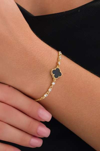 Fionte Accessories Tekli Yonca,925 Ayar Gümüş, siyah Taşlı, Gold Kaplama, Yon...