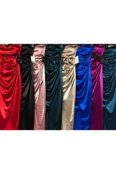 OEMN Rochie eleganta satinata fara bretele Rosita – bustiera cu floare si slit frontal, Single Dimmensi