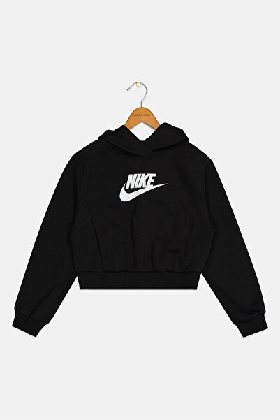 Nike Kids Girl Brand Logo Long Sleeve Outdoor Crop Hoodie, Black