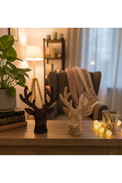 Elana Design 2 Adet Geyik Figürü - Dekorasyon Obje - Bej ve Kahverengi(Gizeml...
