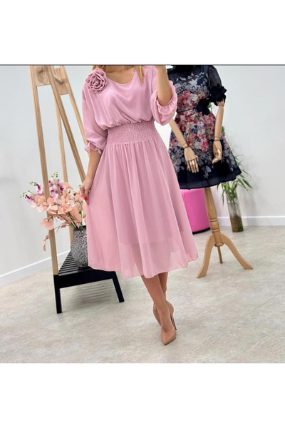 OEMN Women's Midi Dress in Lined Veil with Rose on the Shoulder