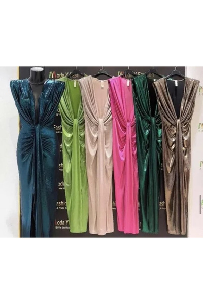 OEMN Women's Metallic Dress with ruffles and deep neckline - Hannah