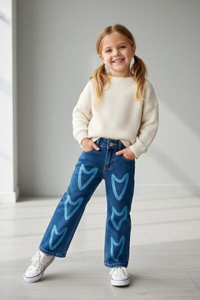 Minigimin Cicileri My Little One's Silvery Heart Printed Pattern Girls' Jeans - Blue