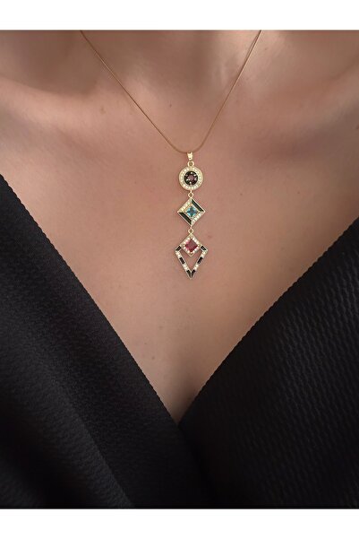 Çelik Renkli Taş Detaylı Geometrik Tasarım Şık Kolye