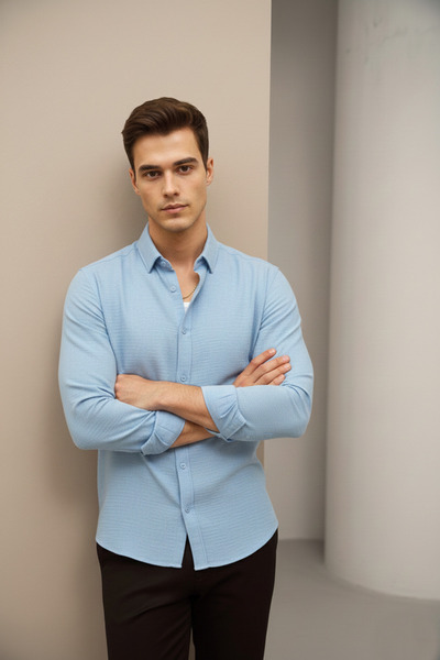 Bürke Linen Textured Blue Half Oversized Summer Men's Shirt