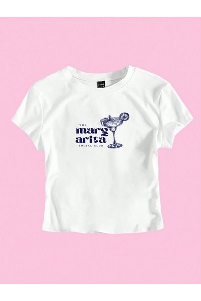 WESTİMO Women's White Margarita Club Printed Crew Neck Tight Crop Tshirt