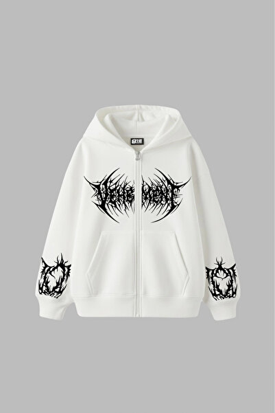 Sokak Butik سترة Vehement مطبوع ذات بغطاء رأس سحابات للجنسين باللون الأبيض