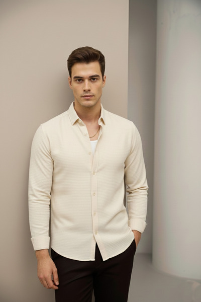 Bürke Linen Textured Cream/Beige Half Oversized Summer Men's Shirt