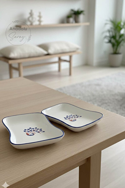 Anadolu Saray Handmade Peacock Patterned Ceramic Set of 2 Rectangular Presentation Breakfast Set Dessert Plate