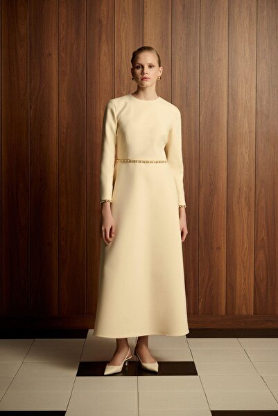 TERZİ DÜKKANI FRANK BONCUK BİYE DETAYLI ELBİSE VANİLYA