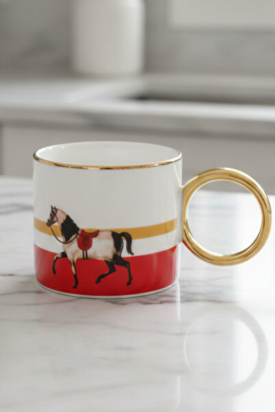 VENETTO Horse Patterned Gold Handle Luxury Porcelain Mug Cup 200 ml