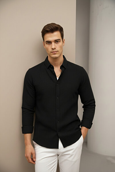 Bürke Linen Textured Black Half Oversized Summer Men's Shirt