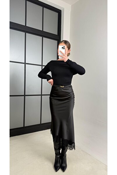 Gaus Black Lace Detailed Asymmetric Cut Satin Skirt Gaus-00860
