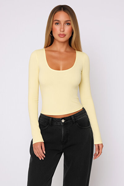 ÖZ PAMUK Bluză din Lycra cu mânecă lungă, cu guler pătrat, din țesătură simpl...