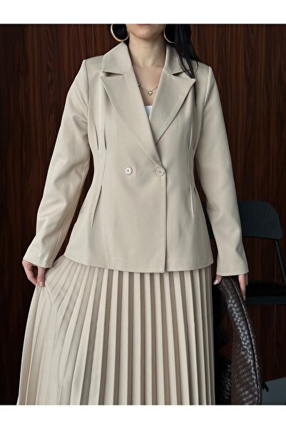 MYGİYİMİSTANBUL Double Button Blazer Jacket and Pleated Long Skirt Set