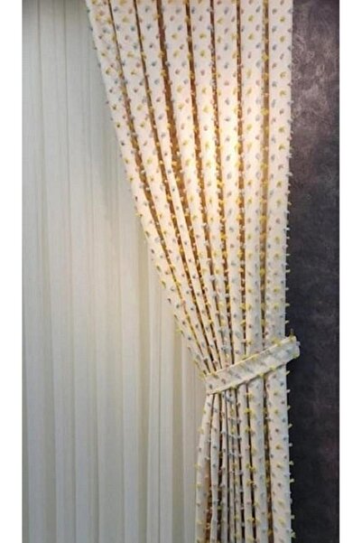 Belvedere Renkli Ponponlu Lüks Fon Perde Tek Kanat Sık Pile