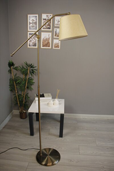 Bamyum Cotella Bej Kumaş Dokulu Eskitme F Kol Gövde Lambader Modern Dekoratif Zemin Lambası