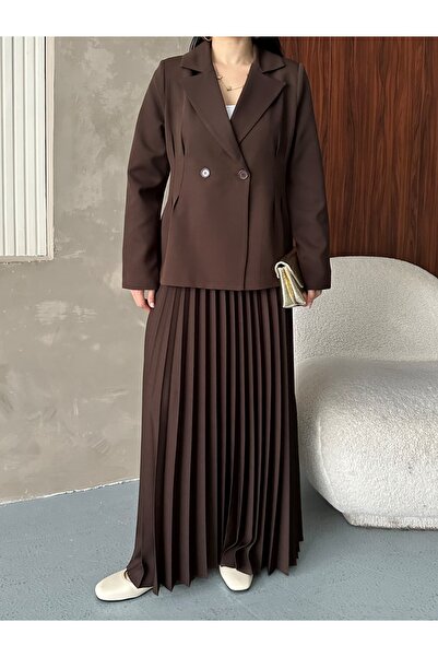 Moda İkra Double Button Blazer Jacket and Pleated Long Skirt Set