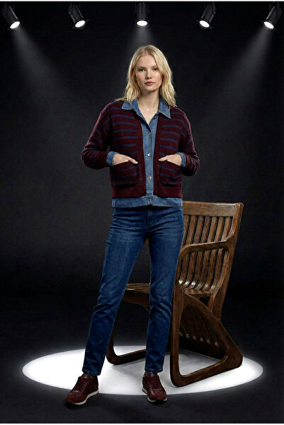 Robin Women's Burgundy Striped Denim Detailed Knitwear Cardigan