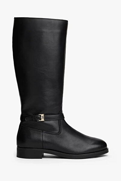 Tommy Hilfiger Th Buckled Horseman Style Long Leather Women's Black Boots Fw0Fw08873Bds