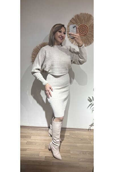 Butik Triko Krem Bluz Elbise Takim