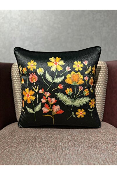 Fabricland Husă de pernă neagră din catifea de mătase importată cu model flor...