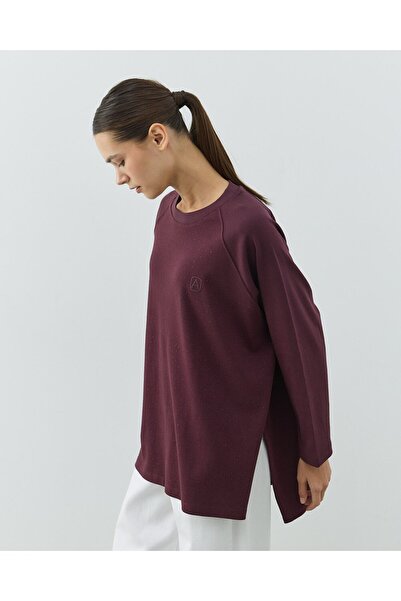 Aybikestil Penye İnterlok Taşlı Relax Bluz Mürdüm