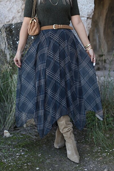 bytugcekaya Dark Green Asymmetrical Cut Wrinkled Effect Lined Chiffon Skirt