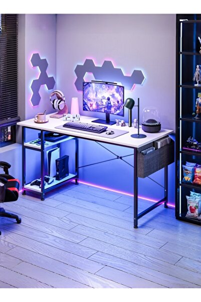 Bojasmiial مكتب كمبيوتر قابل للتعديل مع أرفف قابلة للعكس وجيوب تخزين، مكتب كمبيوتر مريح