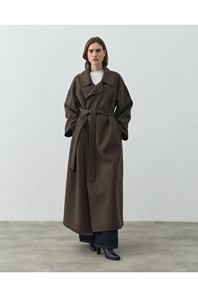 Aybikestil Yün Oversize Yırtmaçlı Kruvaze Kaban Acı Kahve