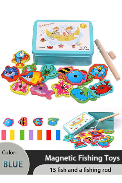 Generic Children's Magnetic Fishing Game Wooden Magnetic Toy, Enhances Preschoolers' Fine Motor Skills,blue