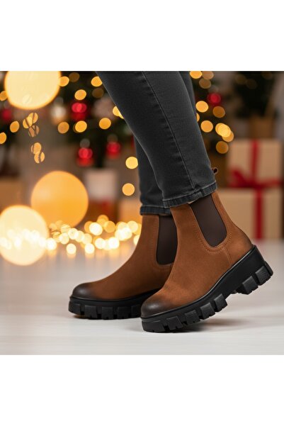 Modlet.ro Γυναικείες καφέ μπότες από γνήσιο δέρμα σουέτ με παχιά σόλα MOD05383