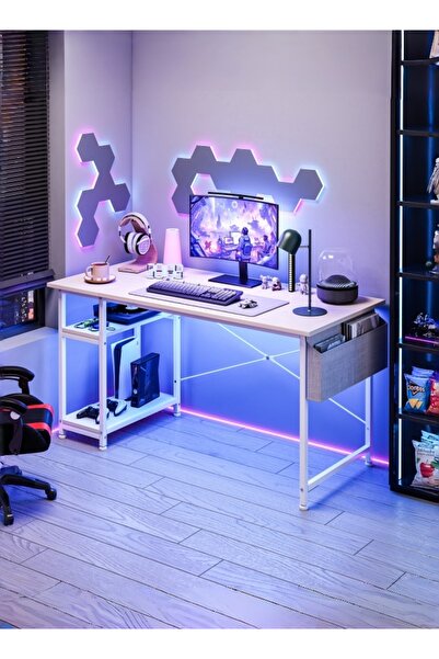 Bojasmiial مكتب كمبيوتر قابل للتعديل مع أرفف قابلة للعكس وجيوب تخزين، مكتب كمبيوتر مريح